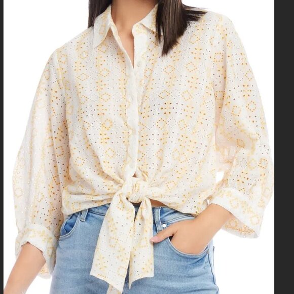 Karen Kane Embroidered Eyelet Tie Front Cotton Shirt - Picture 1 of 6
